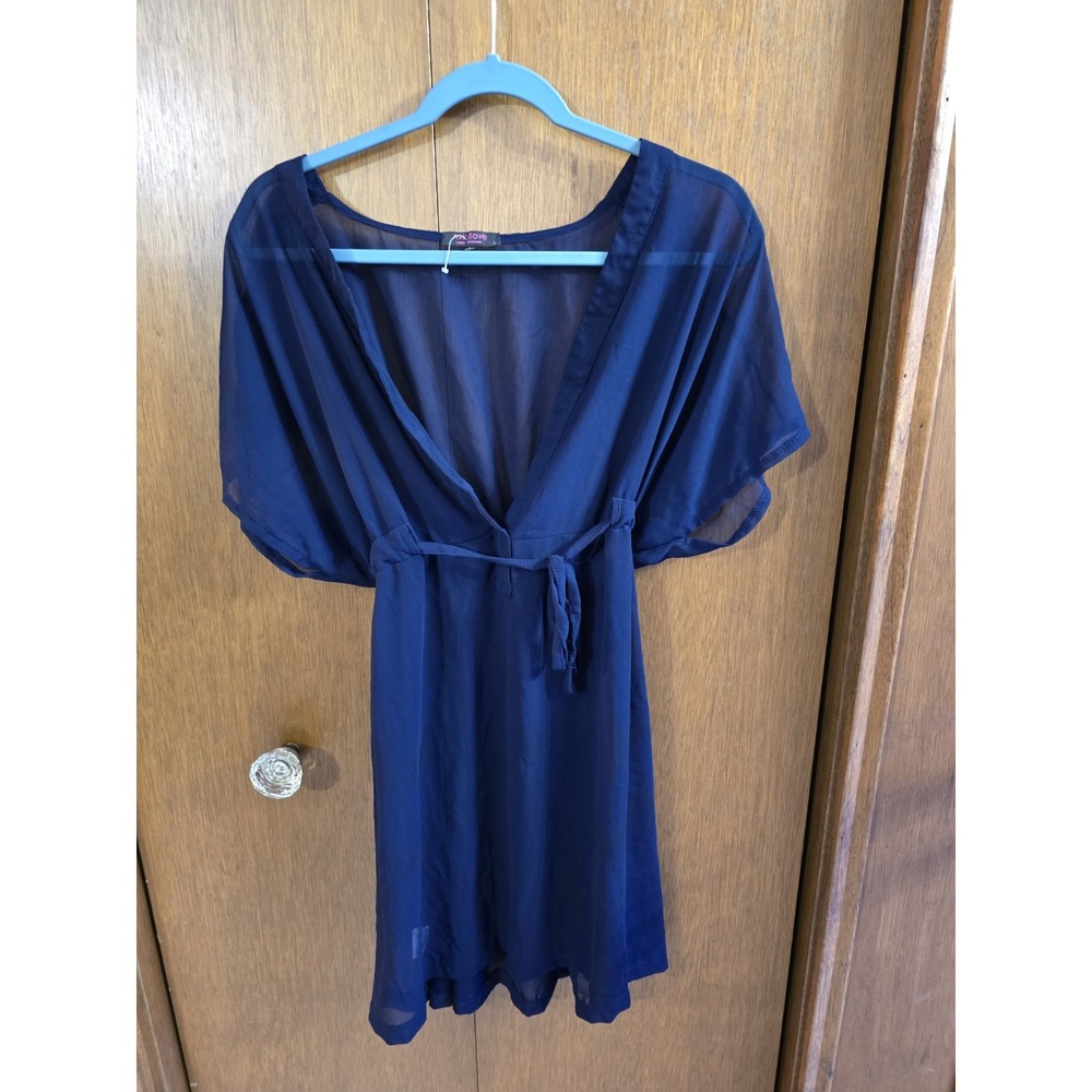 Avid Love Women's Sheer Cover Up Blue Size Large Short Sleeve Tie Waist